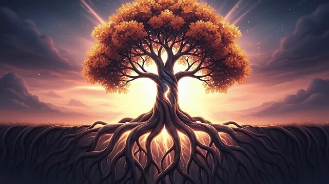 This visually striking animation depicts a majestic, glowing tree with an intricate, deep root system spreading wide under a dramatic, colorful sky at dawn or dusk. Golden leaves crown the powerful, t