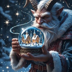 fantasy Krampus holding a magical snow globe with a tiny winter village inside, sparkles and swirling snow, mystical holiday mood