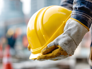 A pair of gloved hands holding out a yellow hard hat as if offering it to the viewer or a colleague, conveying teamwork, safety initiative, and starting a project.