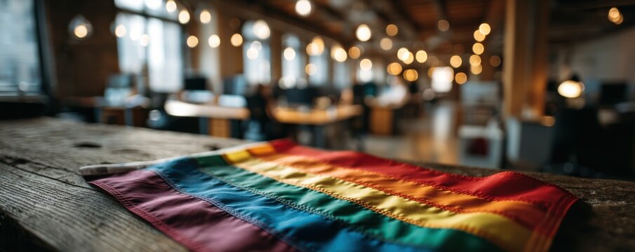 Diverse office workers at their computers with rainbow flag displayed on screen in modern workspace