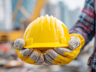 Close-up of construction worker's hands in white gloves holding a bright yellow hard hat, emphasizing safety, protection, and manual labor against a dark background.