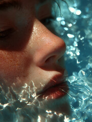 Close-up of Wet Face with Textured Sunlight Reflection