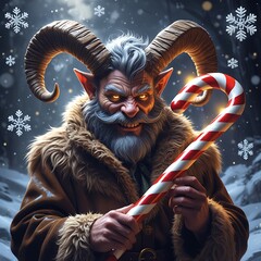 fantasy Krampus holding an oversized candy cane like a staff, swirling snow, dramatic but playful winter holiday mood