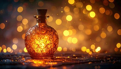 Ornate glass bottle glowing warmly with golden light against dark background evoking mystery, fantasy, and magical story atmosphere of ancient elixir or potion