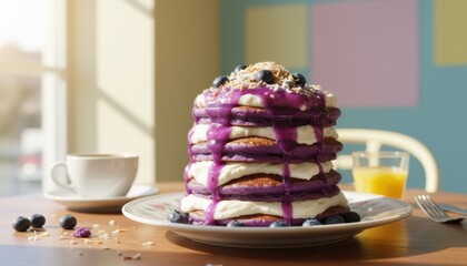 Tall stack of purple blueberry pancakes with cream on plate over sunlit maple wood table from canada suggests weekend brunch celebration and playful morning comfort food