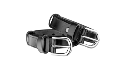 Horizontal composition of two leather belts, black with metal buckles on white background. Great for mockups, banners, and design projects.