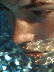 Close-up profile of a face submerged in water, capturing the distortion and rippling effect of the water surface and skin texture.