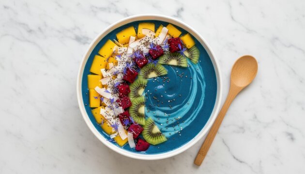 Colorful smoothie bowl with blue base and rainbow fruit slices beside beech wood spoon from germany celebrates plant based breakfast trend and summer wellness ritual at home