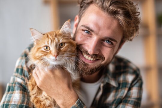 A young man with a beard holds a fluffy orange cat close, smiling warmly. They are in a comfortable indoor setting with a relaxed atmosphere, surrounded by soft colors and light