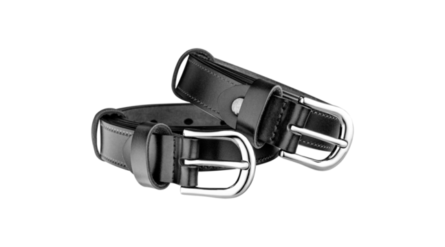 Horizontal composition of two leather belts, black with metal buckles on white background. Great for mockups, banners, and design projects.