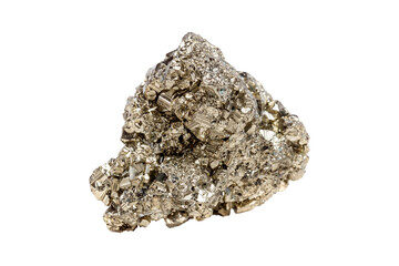 A glistening pyrite gemstone with a cubic shape, showcasing a metallic golden hue and sharp edges. Ideal for decorative items with striking brilliance.