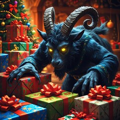 stylized Krampus sneaking behind a pile of wrapped gifts, glowing eyes, long furry arms, playful spooky christmas mood