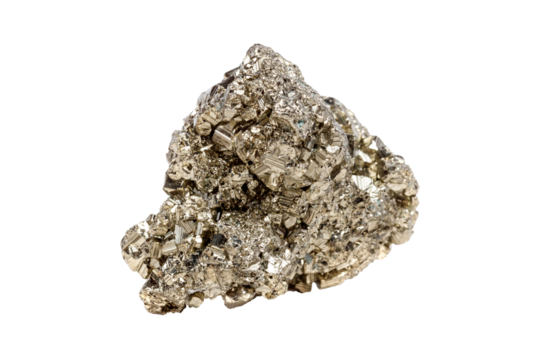 A glistening pyrite gemstone with a cubic shape, showcasing a metallic golden hue and sharp edges. Ideal for decorative items with striking brilliance.