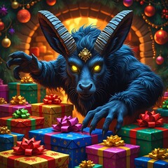 stylized Krampus sneaking behind a pile of wrapped gifts, glowing eyes, long furry arms, playful spooky christmas mood