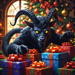stylized Krampus sneaking behind a pile of wrapped gifts, glowing eyes, long furry arms, playful spooky christmas mood