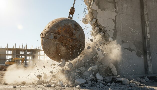 Rusty wrecking ball demolishes concrete building on clear construction site morning symbolizing urban renewal project and change in city life