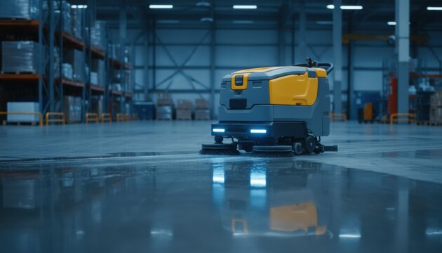 Autonomous industrial floor cleaning robot working in large warehouse at night with shiny wet concrete surface and blue technology lighting ambiance