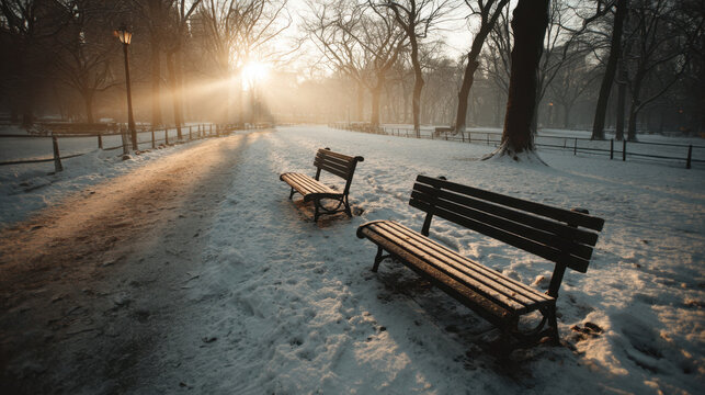 Snowy park path lined with benches illuminated by warm morning sunlight through bare winter trees