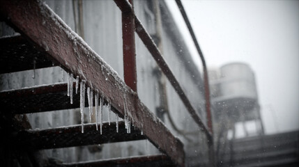 Fototapeta premium Icy metal staircase with long icicles forming along the railings during snowfall in an industrial setting