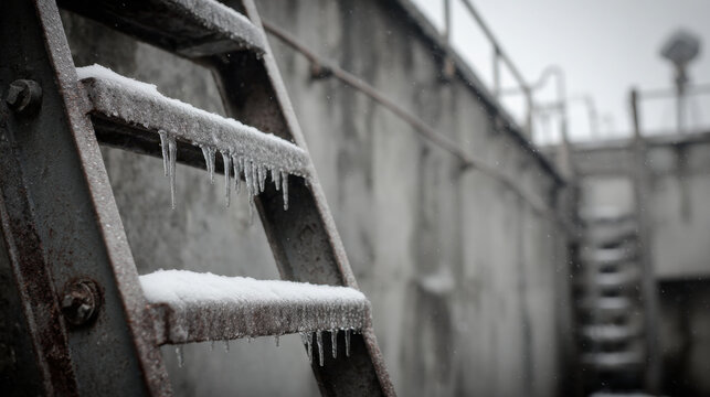 Icy metal ladder covered with snow and hanging icicles in a cold industrial setting