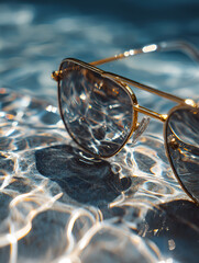 Golden Sunglasses in Water Reflection