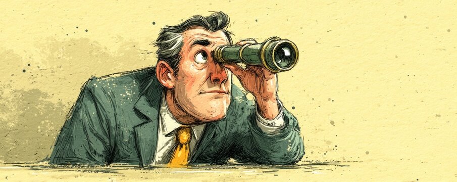 Cartoon man in business attire looks through telescope, exploring ideas and opportunities