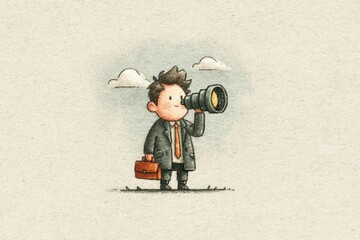 Cartoon business man with a telescope on a tripod exploring ideas and future possibilities