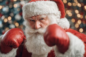 Santa Claus stands ready to box, wearing red gloves and a festive suit. The background shows colorful holiday decorations, creating a lively Christmas atmosphere