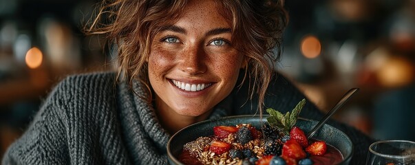 Close-up portrait of a happy freckled woman at a beach cafe enjoying sunny vibes