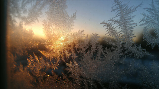 Frost patterns on a cold window glowing in warm sunrise light