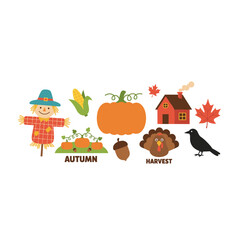 Naklejka premium This vector illustration set includes autumn-themed clipart featuring a scarecrow, pumpkin, gnome, house, acorn, corn, maple leaf, and crow, perfect for harvest festivals and Thanksgiving