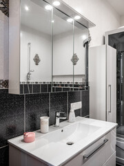 Bathroom in the apartment. Shower stall and bathtub.