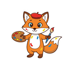 A cute cartoon fox artist wearing a red beret, holding a paint palette and brush, with colorful paint splatters on its fur.
