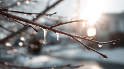 Frozen tree branches covered with clear icicles glowing in warm winter sunlight
