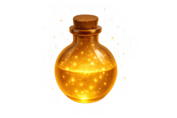 Golden magic potion glowing within a corked glass bottle, sparkling with enchanting light, fantasy elixir concept