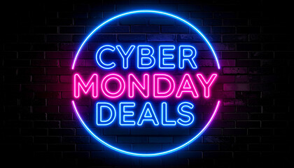 Cyber Monday deals neon sign for e-commerce, digital ad campaigns, illustration. AI