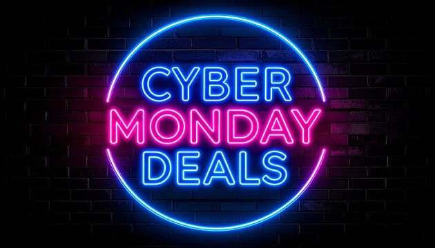 Cyber Monday deals neon sign for e-commerce, digital ad campaigns, illustration. AI
