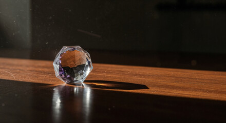 A single crystal ornament resting gently on a wooden table, surrounded by soft diffused morning light.