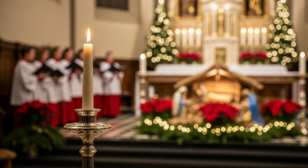 Choir singing at church during Christmas celebration with candlelight  