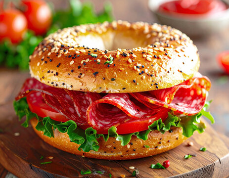 Deli salami sandwich on a bagel, closeup. AL - Powered by Adobe