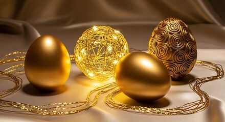 Elegant composition of four golden easter eggs, one illuminated with string light, on soft fabric