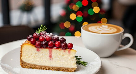 Cheesecake with cranberries and coffee cup on festive table setting