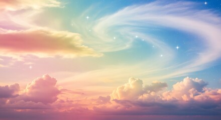 Dreamy pastel sky with swirling clouds and subtle stars at sunset or sunrise, fantasy atmosphere