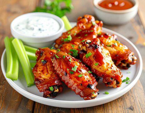 Buffalo chicken wings on a white plate with celery and blue cheese dipping sauce. AI - Powered by Adobe