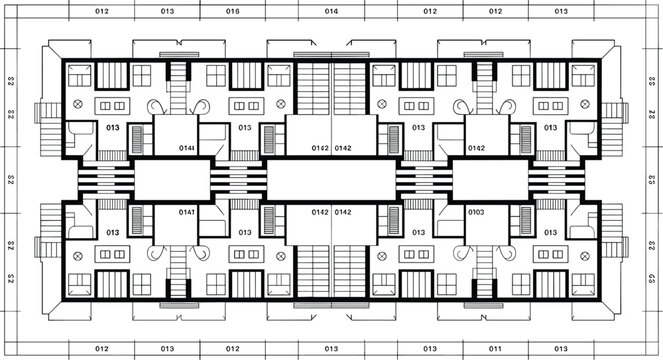 Architectural floor plan, symmetrical building layout, numbered rooms and corridors, dormitory or apartment design, flat vector illustration