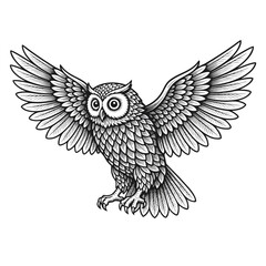 Detailed black and white illustration of an owl with spread wings, showcasing intricate feather patterns and a watchful gaze.