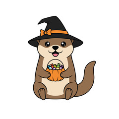 A cute cartoon otter wearing a witch hat and holding a pumpkin bucket filled with colorful Halloween candy, smiling.