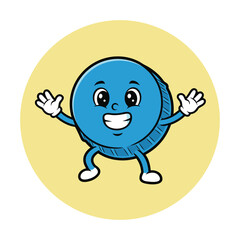 A cheerful blue cartoon hockey puck character with a smiling face and outstretched arms, standing on a yellow background, in a friendly pose.