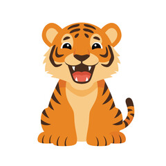 A cute cartoon tiger cub with orange fur and black stripes, sitting and smiling happily.