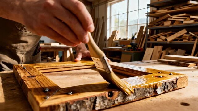 Artisan applying finishing touches to ecofriendly frame made with reclaimed materials illustrating commitment to sustainable craftsmanship and waste reduction.